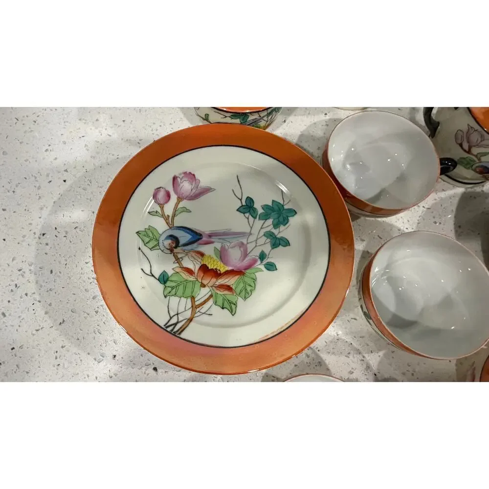 Vintage Japanese Lusterware Tea Set Chikaramachi Bird & Flower Pattern 18 pieces